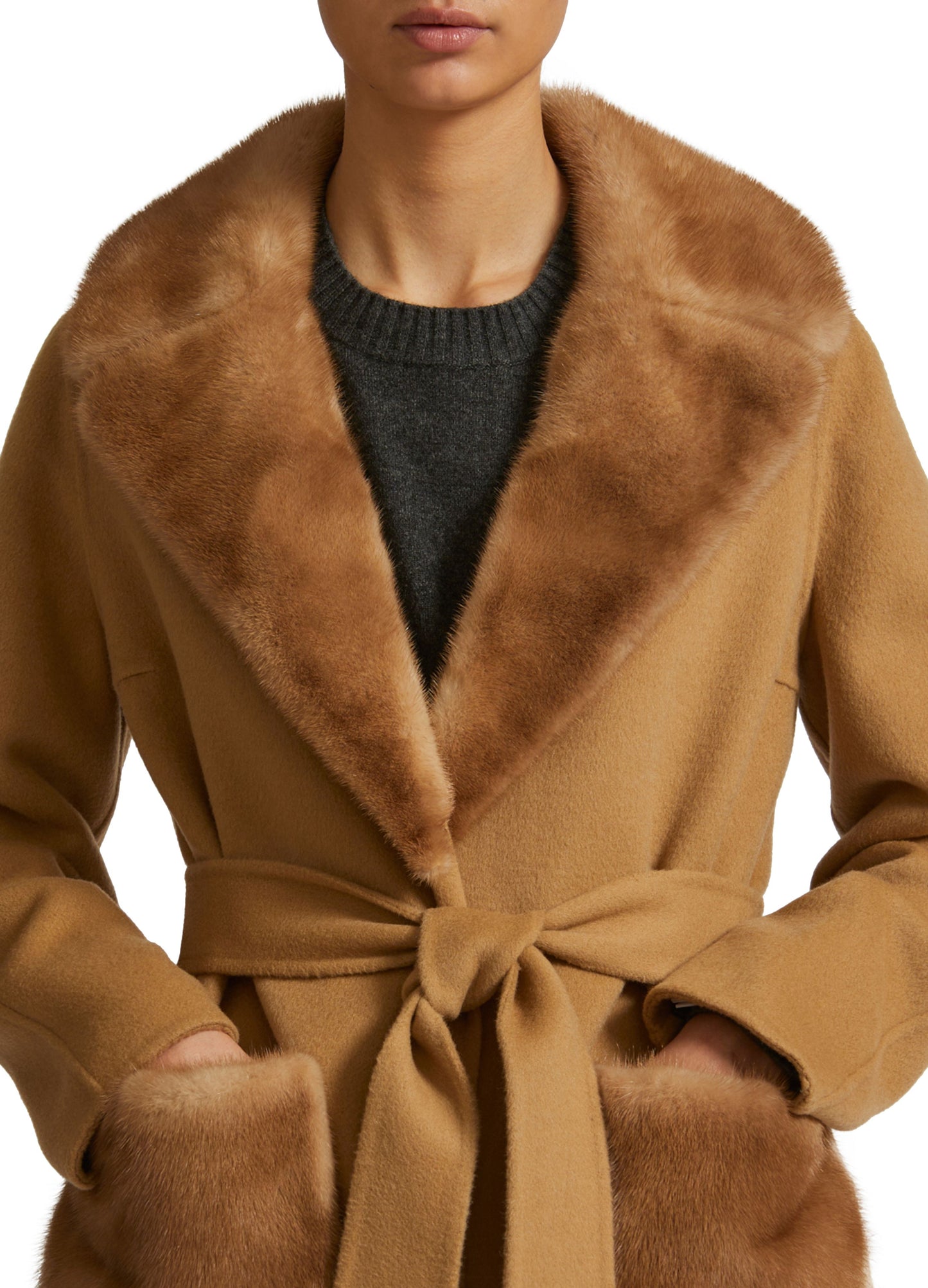 Belted coat in cashmere wool with mink fur collar and over-pockets -Yves Salomon