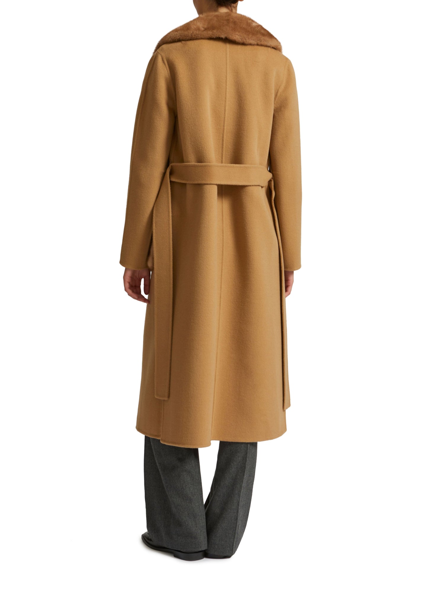 Belted coat in cashmere wool with mink fur collar and over-pockets -Yves Salomon