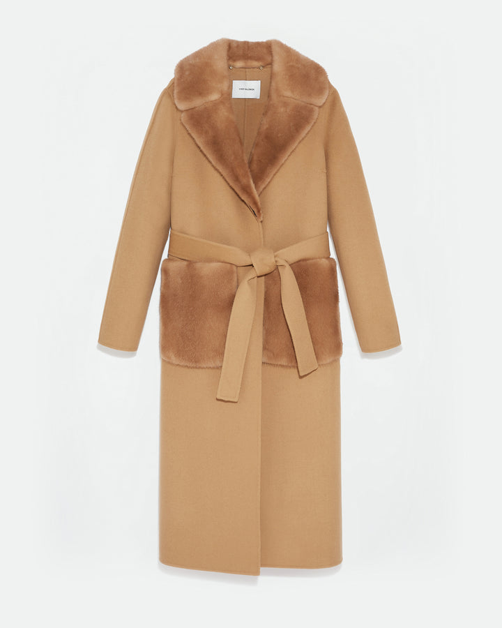 Belted coat in cashmere wool with mink fur collar and over-pockets -Yves Salomon