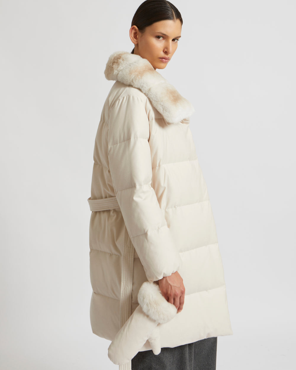 Belted down jacket in waterproof flannel fabric with chinchilla collar -Yves Salomon