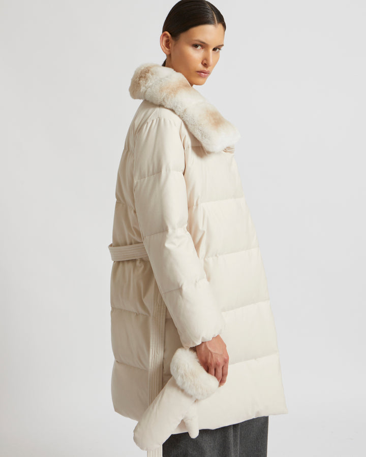 Belted down jacket in waterproof flannel fabric with chinchilla collar -Yves Salomon