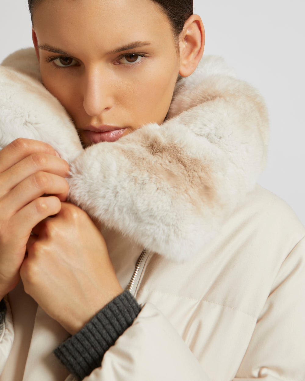 Belted down jacket in waterproof flannel fabric with chinchilla collar -Yves Salomon