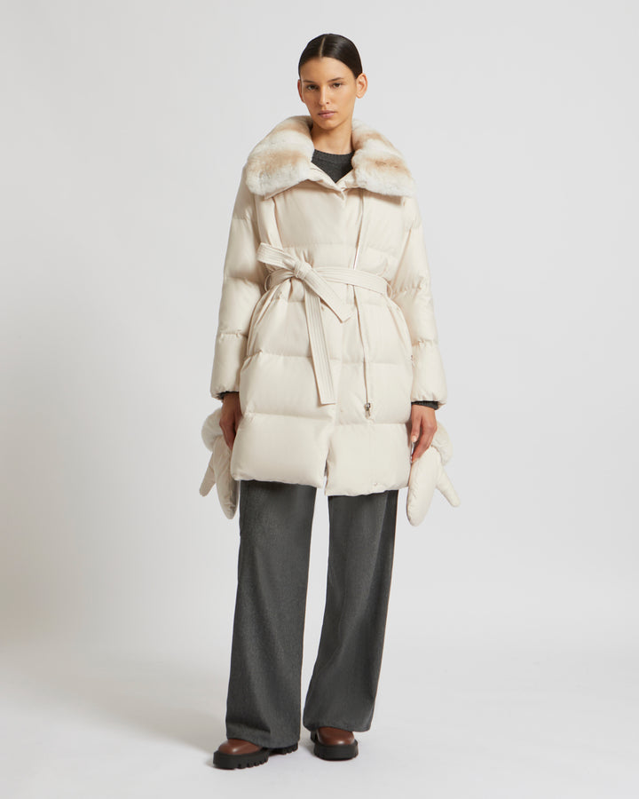Belted down jacket in waterproof flannel fabric with chinchilla collar -Yves Salomon