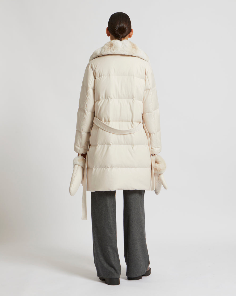 Belted down jacket in waterproof flannel fabric with chinchilla collar -Yves Salomon