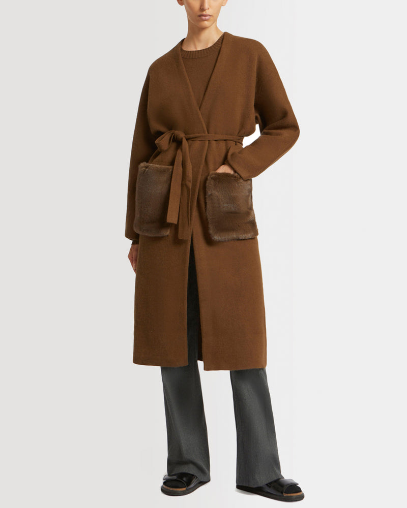 Long knit cardigan with mink fur over-pockets