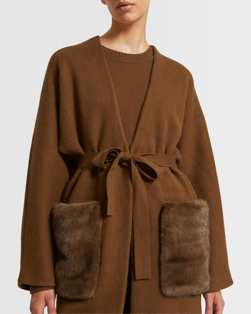 Long knit cardigan with mink fur over-pockets