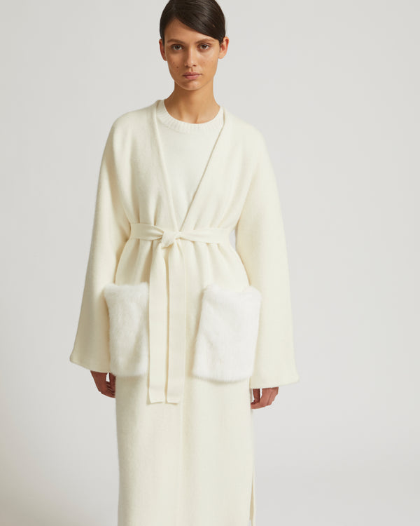 Long knit cardigan with mink fur over-pockets - white - Yves Salomon