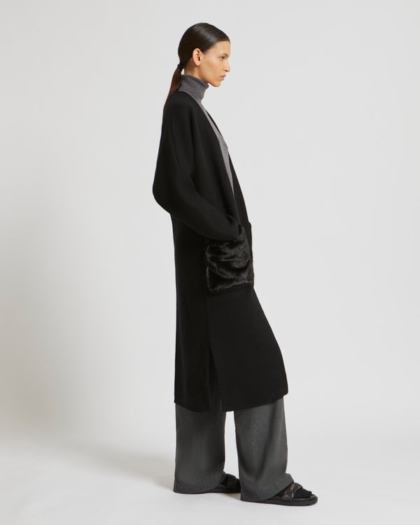Long knit cardigan with mink fur over-pockets - black - Yves Salomon