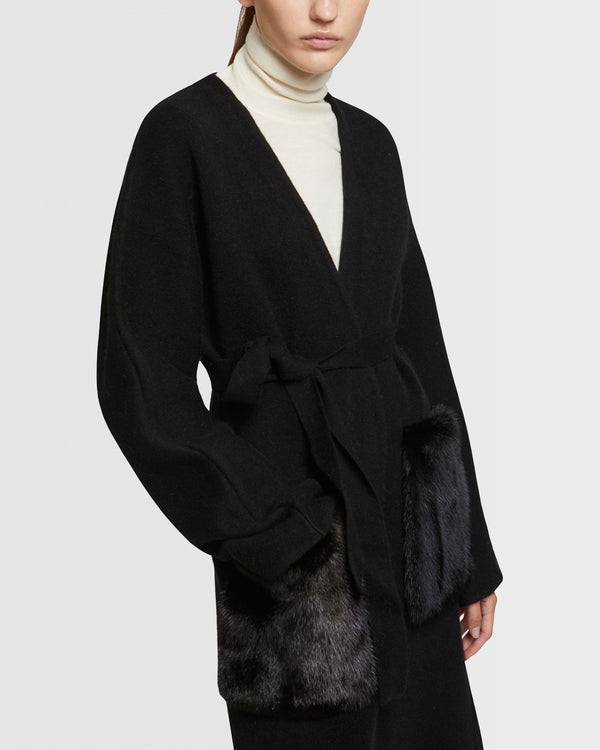 Long knit cardigan with mink fur over-pockets