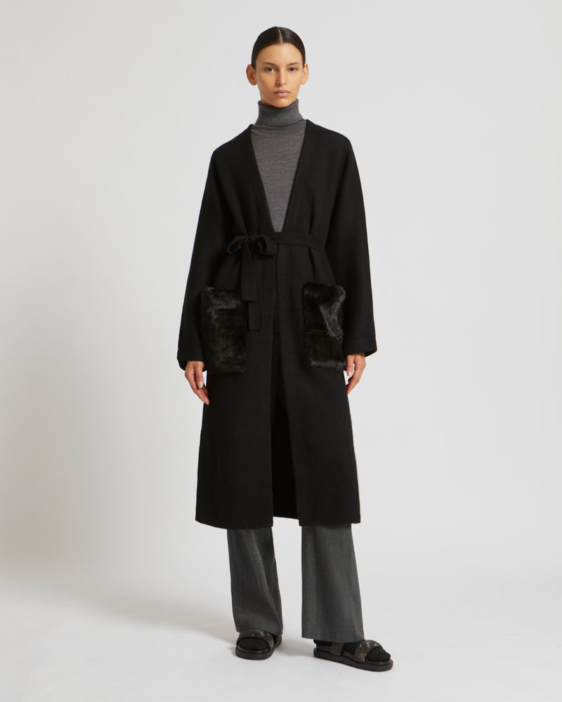 Long knit cardigan with mink fur over-pockets - black - Yves Salomon