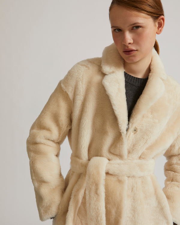 Belted shearling coat - white - Yves Salomon