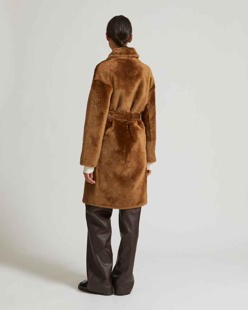 Belted shearling coat - brown - Yves Salomon