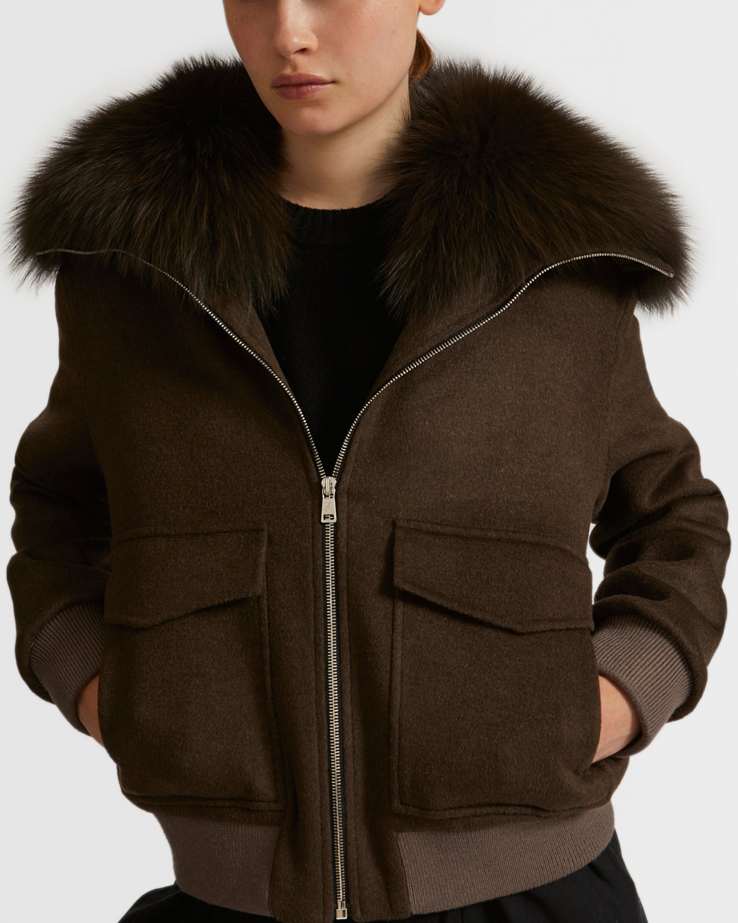 Cropped jacket in cashmere wool with fox fur collar -Yves Salomon