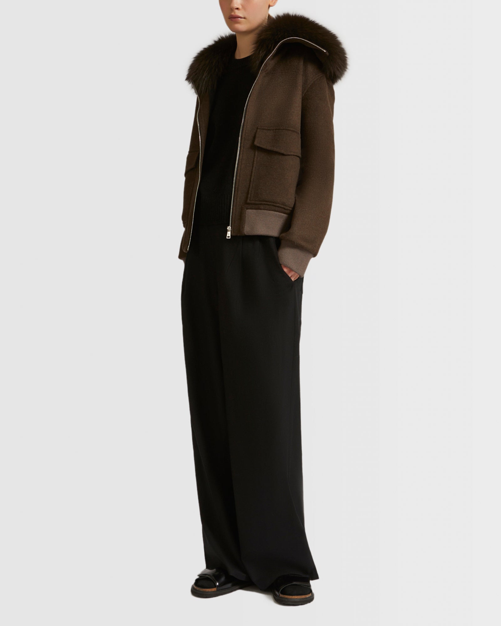 Cropped jacket in cashmere wool with fox fur collar -Yves Salomon
