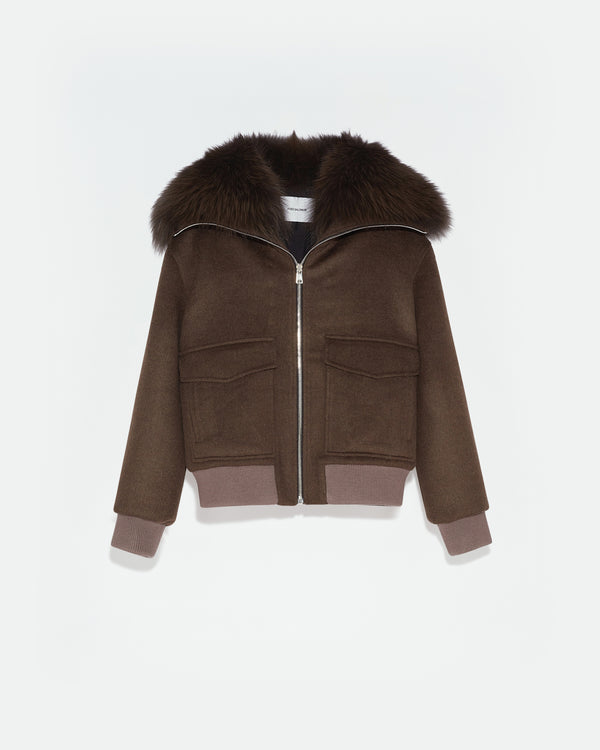 Cropped jacket in cashmere wool with fox fur collar - khaki - Yves Salomon