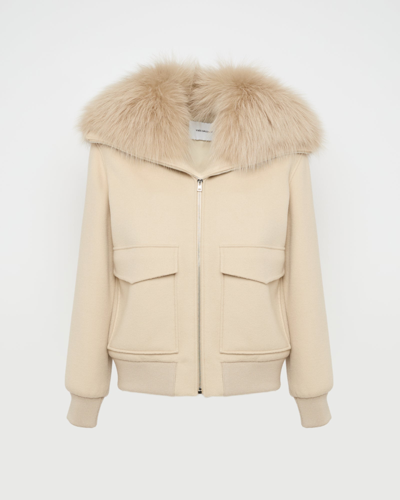 Cropped jacket in cashmere wool with fox fur collar - beige -Yves