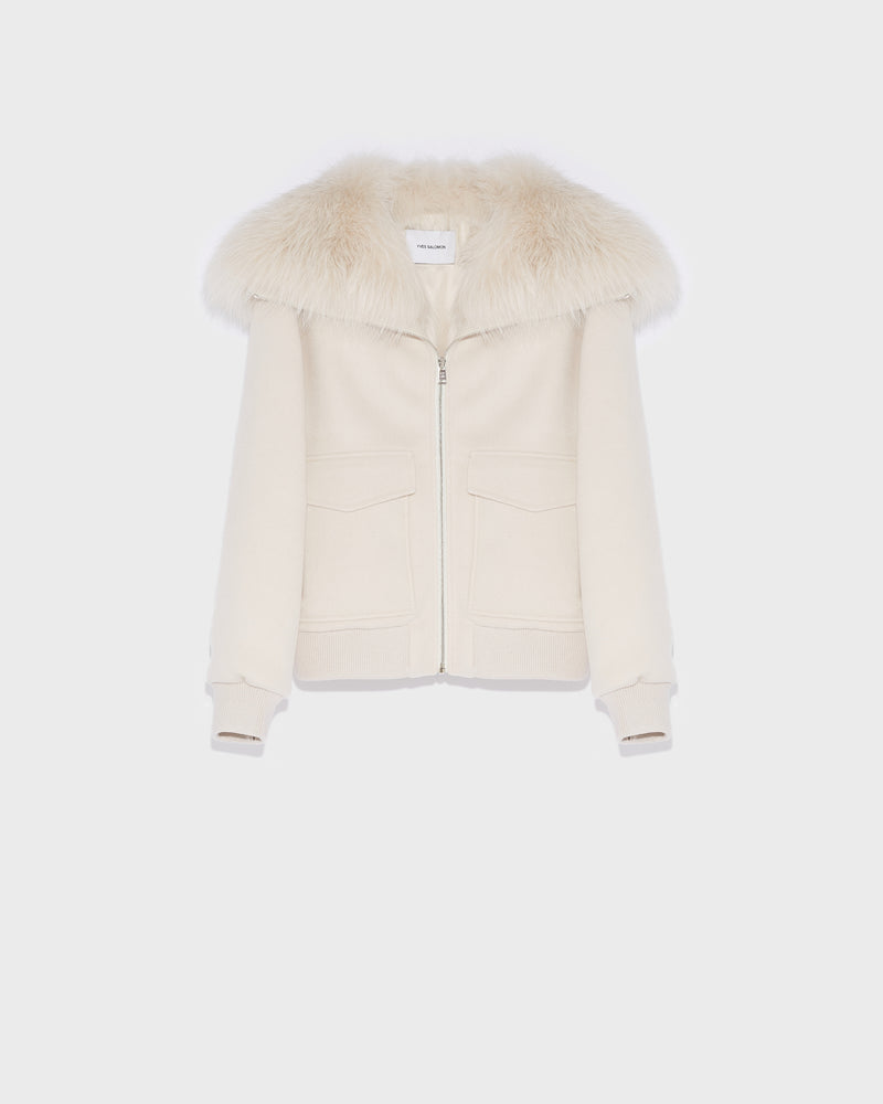 Cropped jacket in cashmere wool with fox fur collar - pinkish beige - Yves Salomon