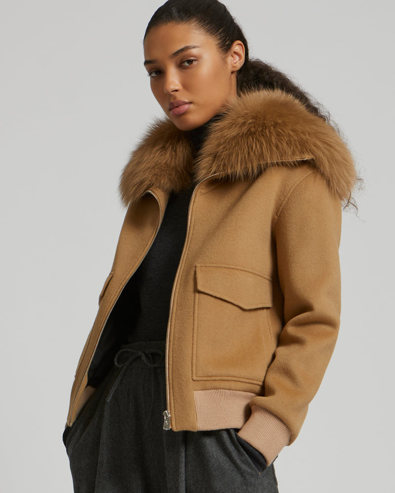 Cropped jacket in cashmere wool with fox fur collar - beige - Yves Salomon