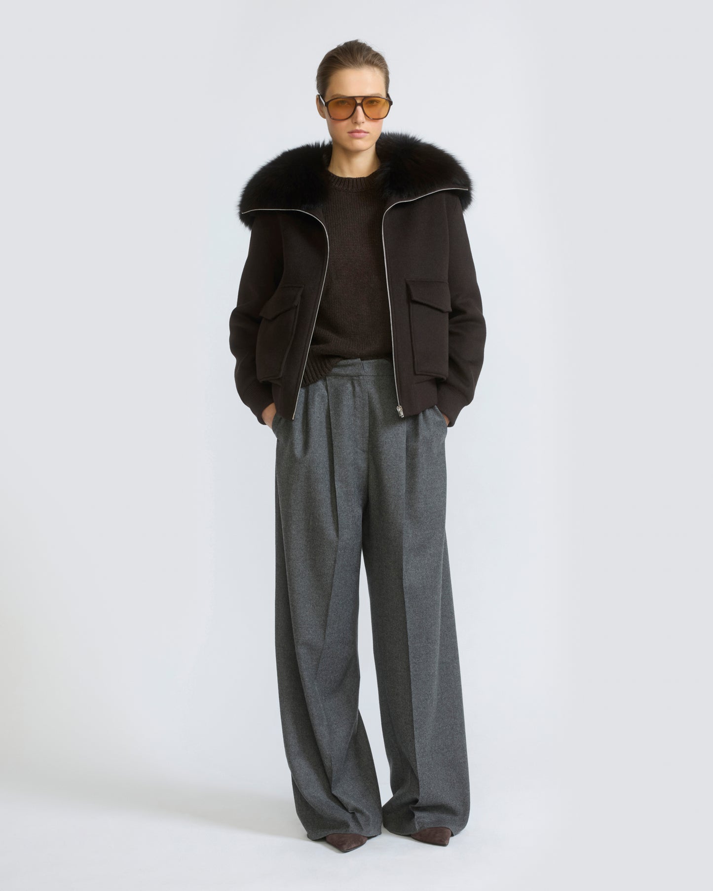 Cropped jacket in cashmere wool with fox fur collar - Yves Salomon - New Fall/Winter Collection