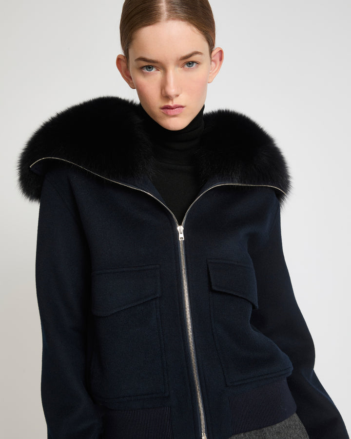 Cropped jacket in cashmere wool with fox fur collar