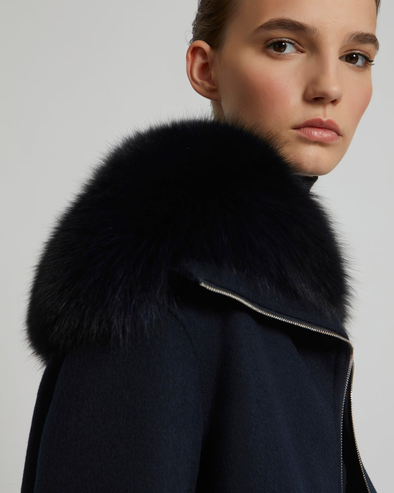 Cropped jacket in cashmere wool with fox fur collar - navy - Yves Salomon