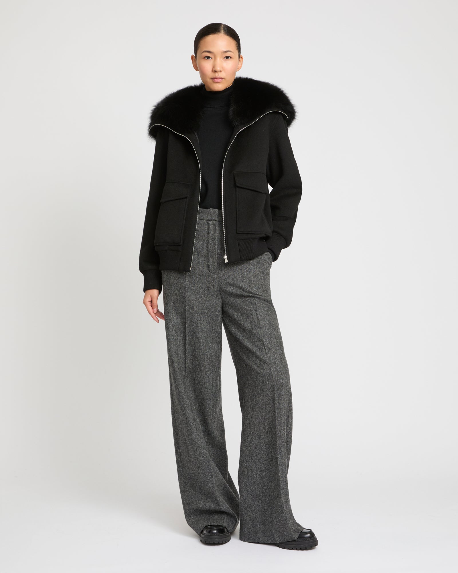 Cropped jacket in cashmere wool with fox fur collar -Yves Salomon