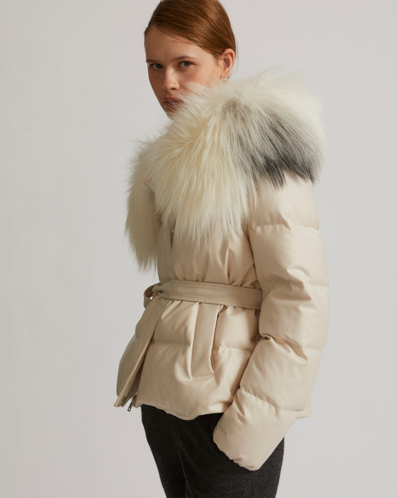 Short down jacket in waterproof flannel fabric with fox hood trim
