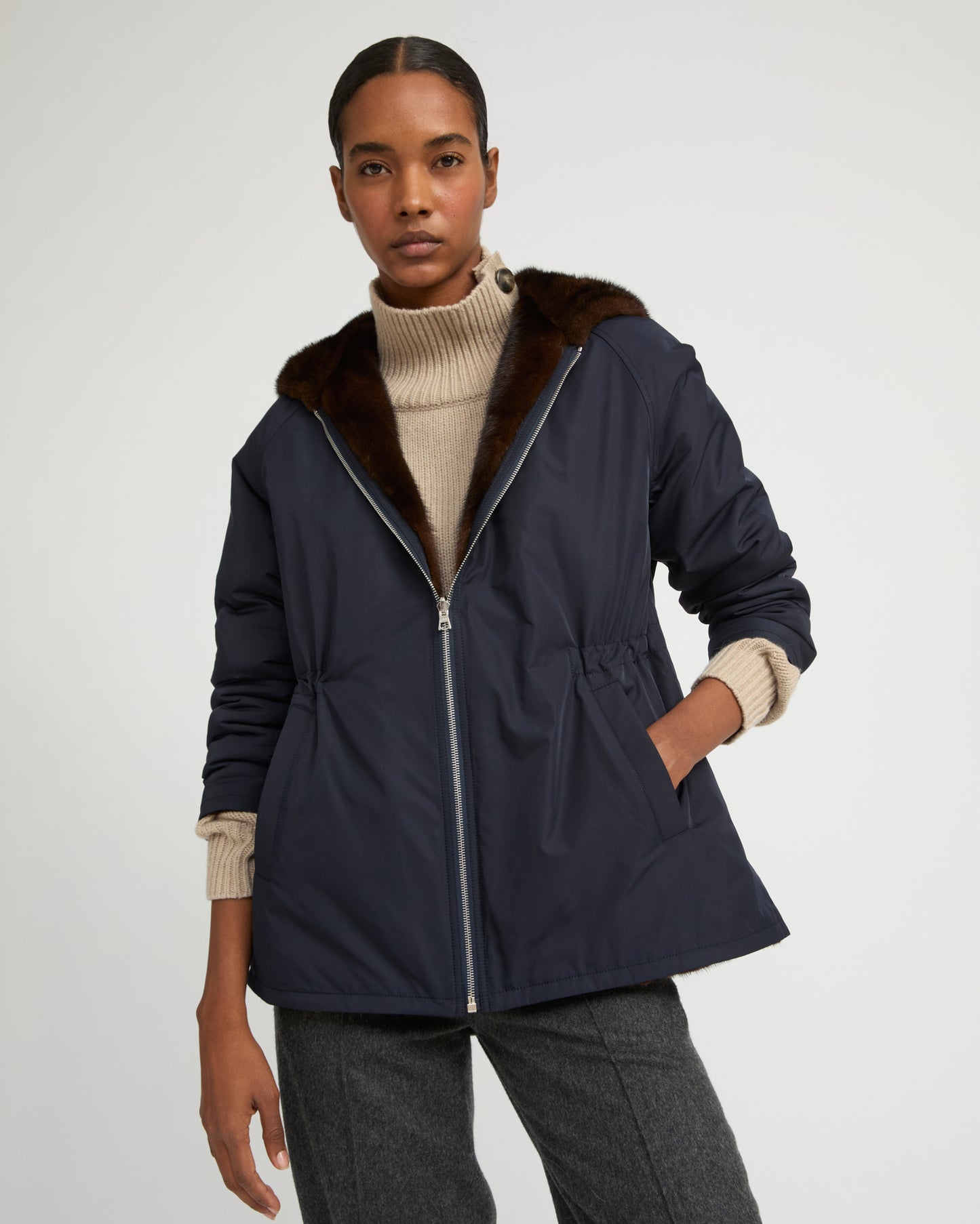 Hooded blouson in mink fur reversible technical fabric -Yves Salomon