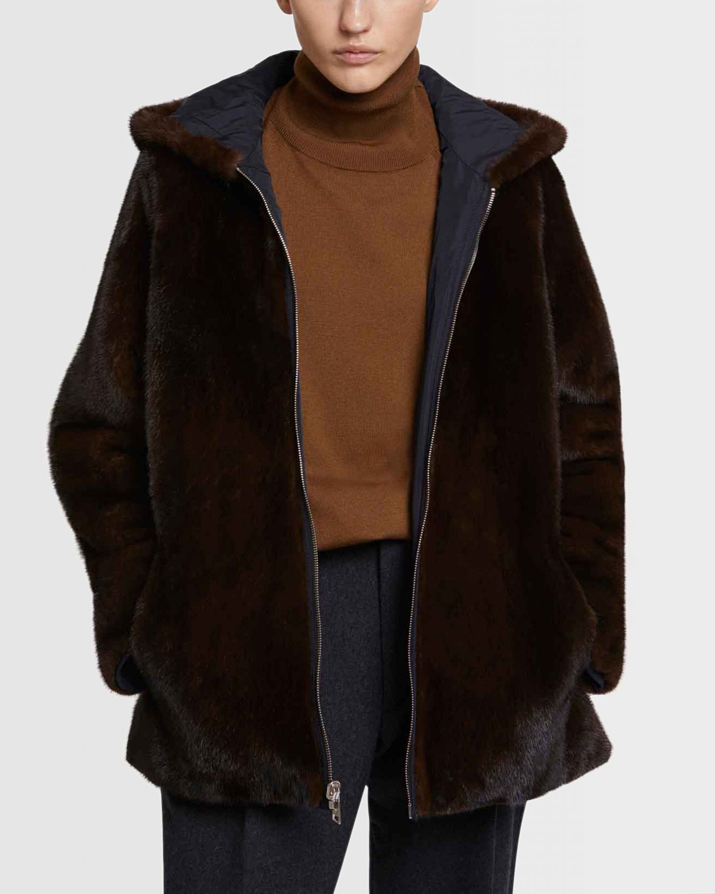 Hooded blouson in mink fur reversible technical fabric