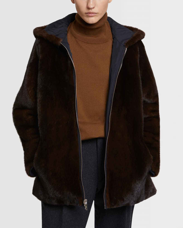Hooded blouson in mink fur reversible technical fabric