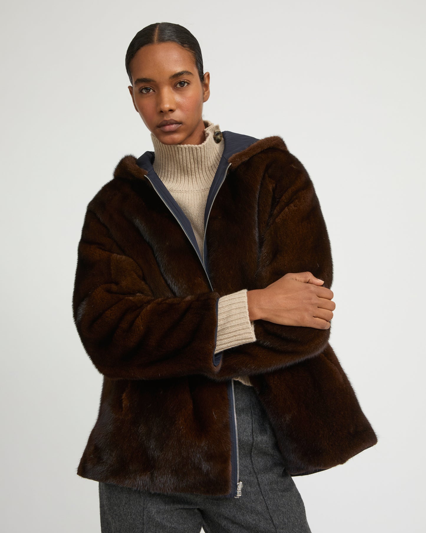 Hooded blouson in mink fur reversible technical fabric -Yves Salomon