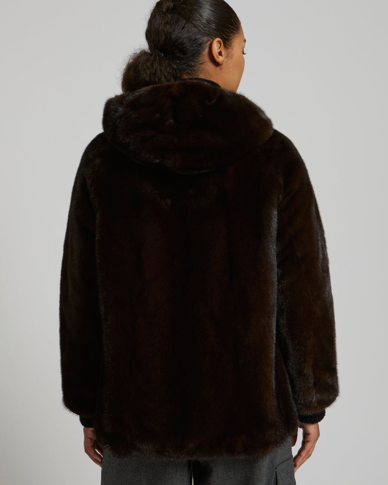 Hooded blouson in mink fur reversible technical fabric
