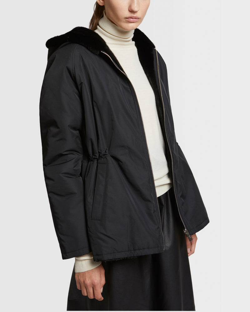 Hooded blouson in mink fur reversible technical fabric