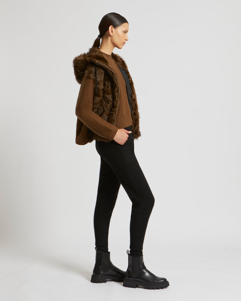 Hooded jacket in knit and curly lamb - brown - Yves Salomon