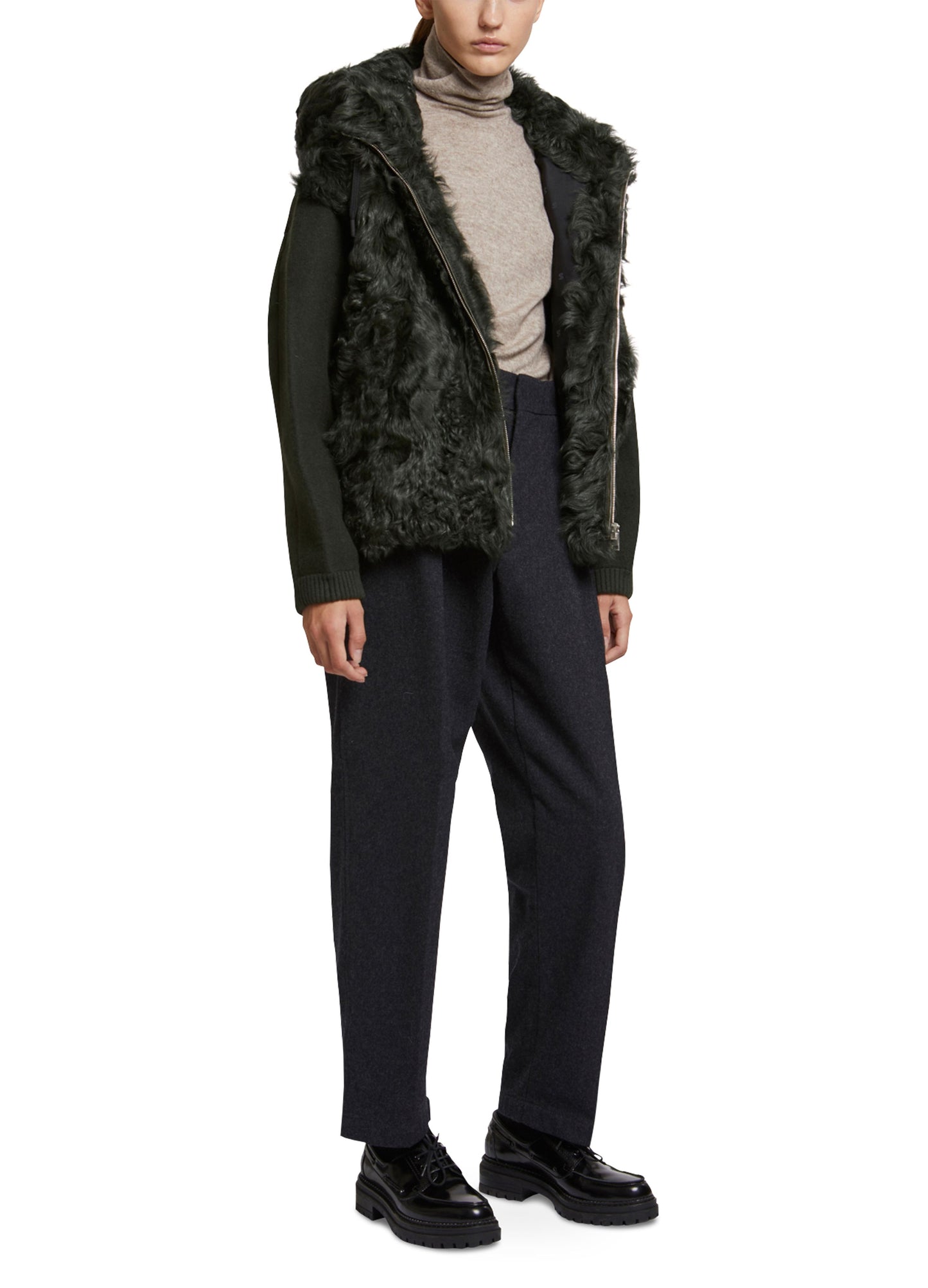 Hooded jacket in knit and curly lamb -Yves Salomon