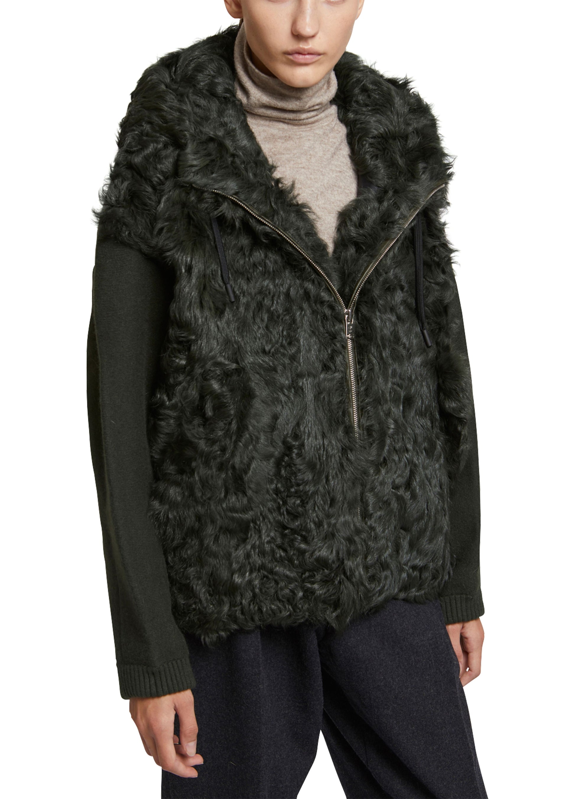 Hooded jacket in knit and curly lamb -Yves Salomon