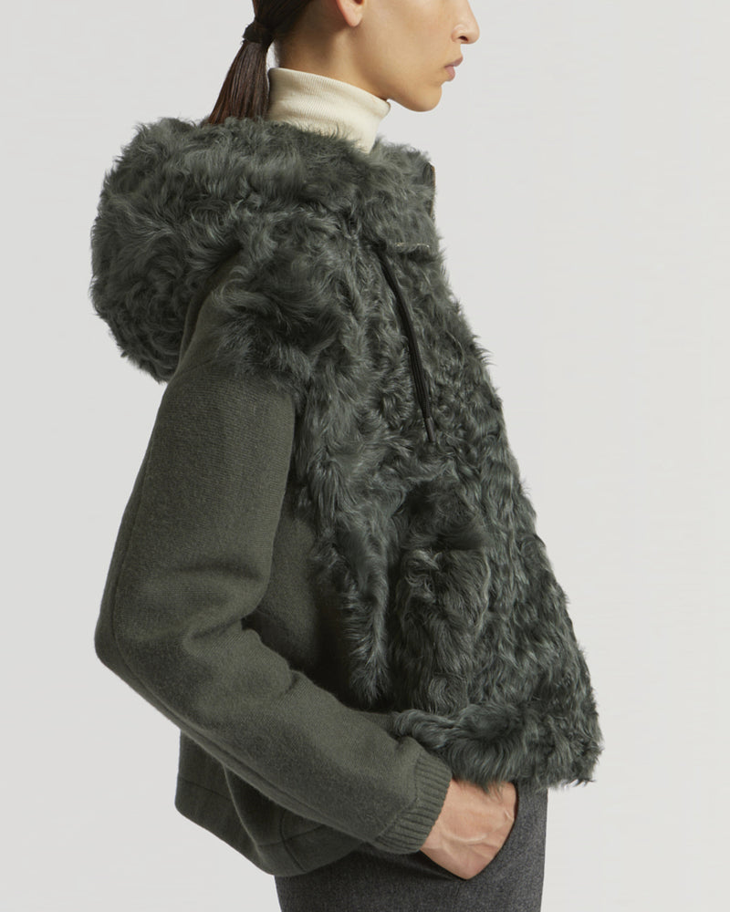 Hooded jacket in knit and curly lamb-Yves Salomon-Winter sale & boxing day