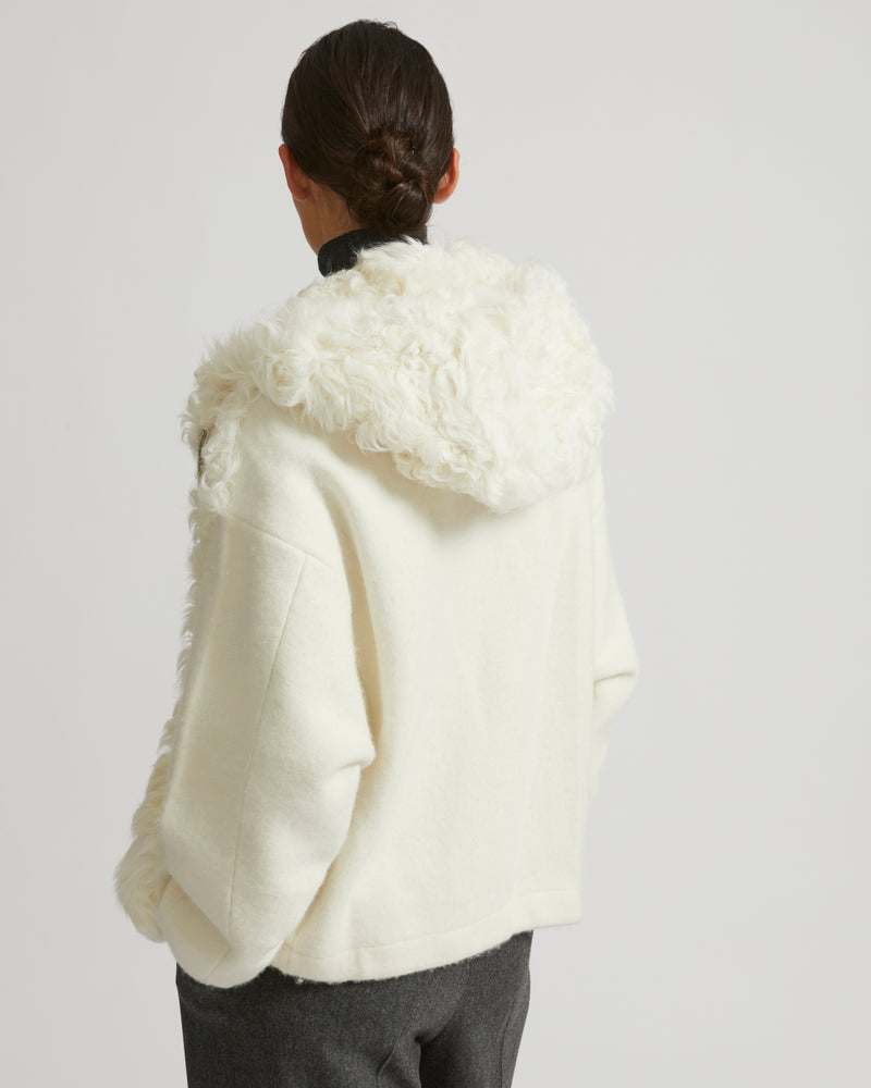 Hooded jacket in knit and curly lamb - white - Yves Salomon