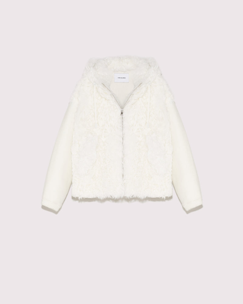 Hooded jacket in knit and curly lamb - white - Yves Salomon