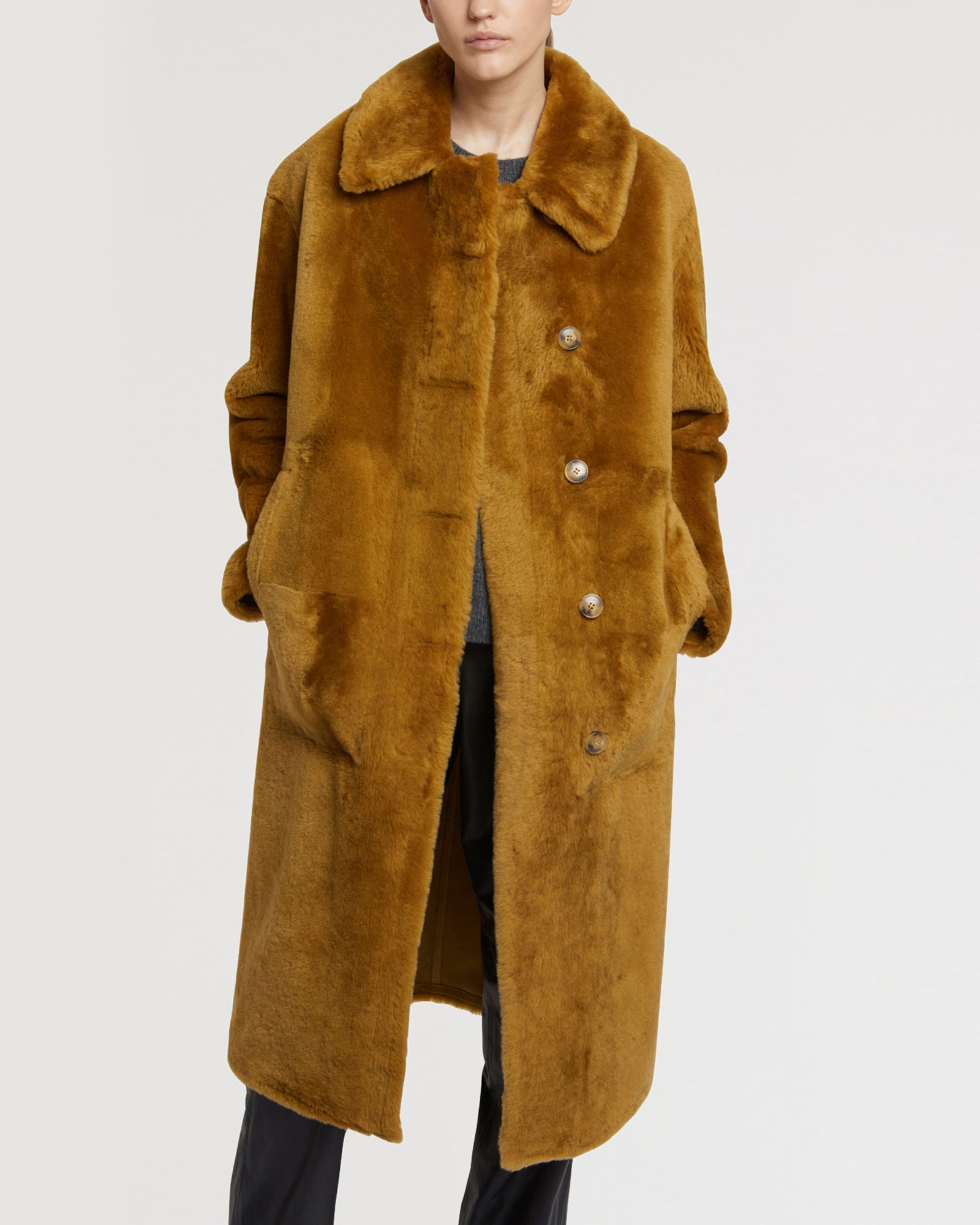 Long merino lambskin coat with collar-Yves Salomon-Winter sale & boxing day