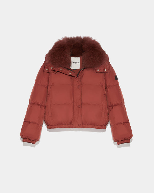 Short hooded down jacket with fox fur collar