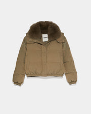 Short hooded down jacket with fox fur collar