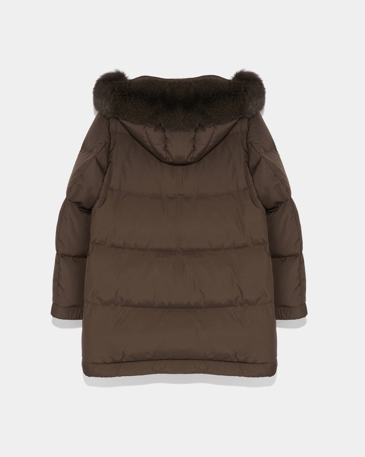 “A” line hooded down jacket with fox fur -Yves Salomon