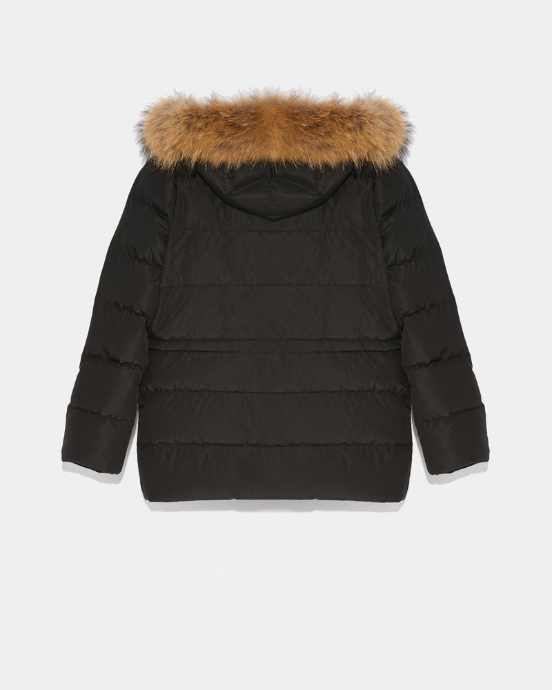 Hooded down jacket with marmot fur