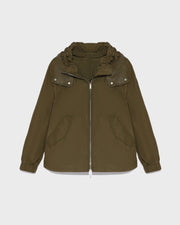 Short technical fabric and leather parka