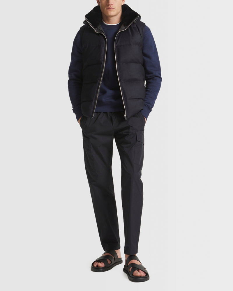 Down Gilet made with Loro Piana fabric with mink fur trim