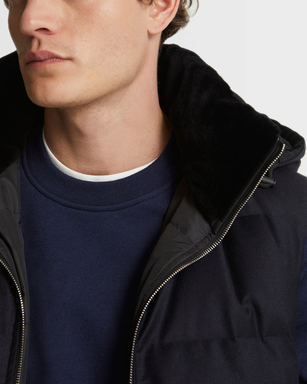 Down Gilet made with Loro Piana fabric with mink fur trim