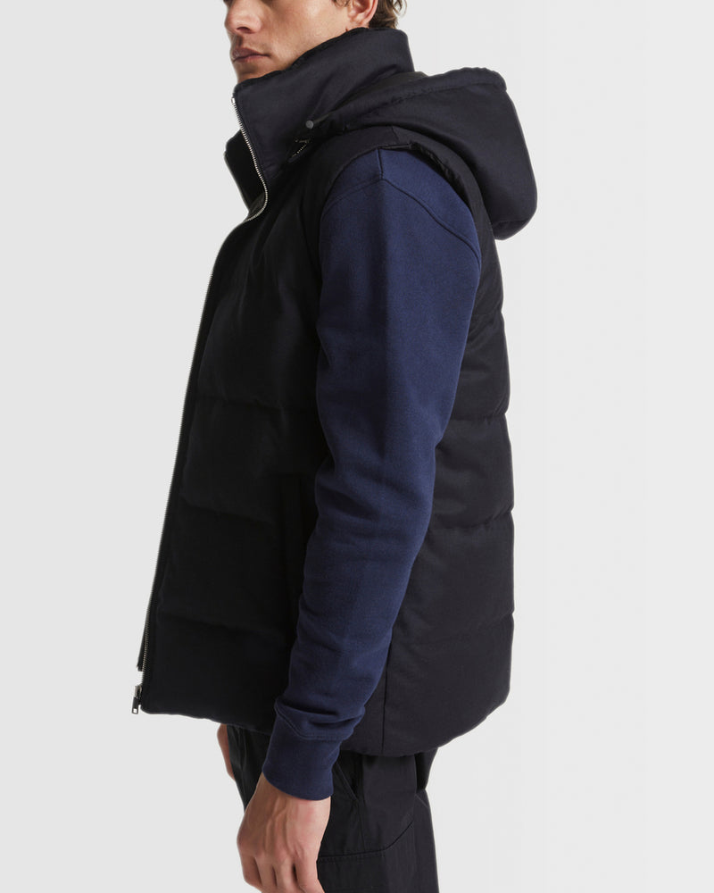 Down Gilet made with Loro Piana fabric with mink fur trim
