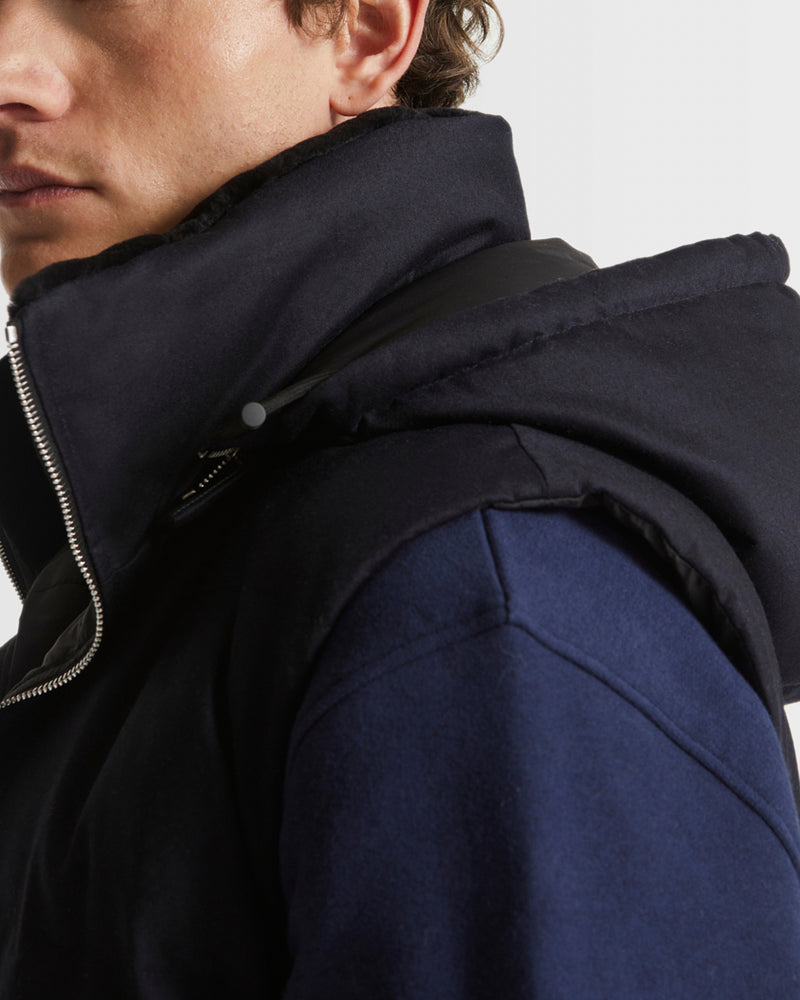 Down Gilet made with Loro Piana fabric with mink fur trim