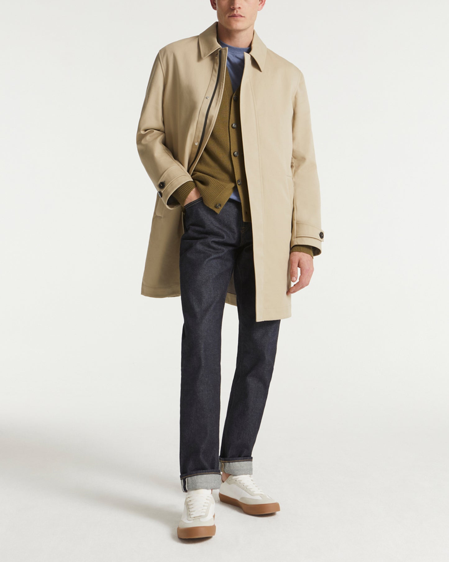 Mac coat in double-sided fabric with leather details